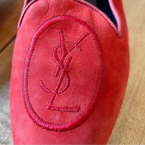 YSL YVES SAINT LAURENT Shoes Vintage Pumps Loafers Red Logo Italy Velvet Flats - Picture 5 of 16